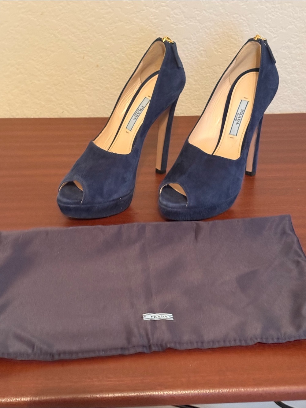 Prada Navy Suede Peep-Toe Platform Heel